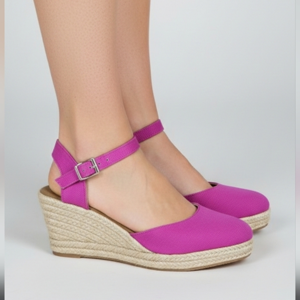 Pink canvas espadrille wedges EU 37 jute rope trim, adjustable ankle straps